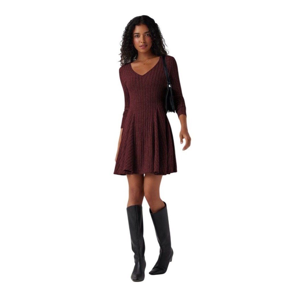 Halara Ribbed Knit V Neck Long Sleeve Flare Mini Casual Dress Wine‎ Red M NEW